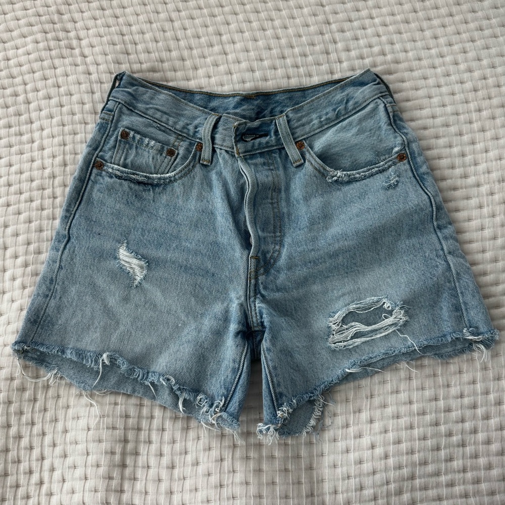 Levi Distressed Light Blue Denim Shorts